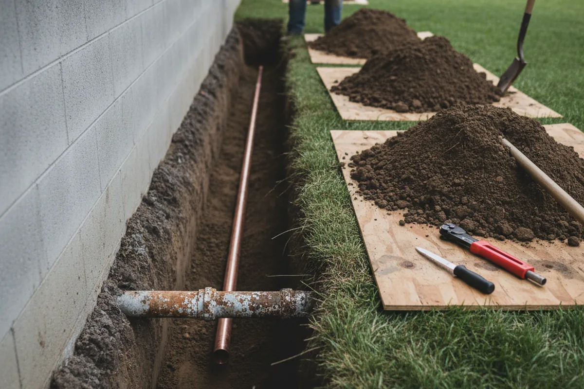 Excavated water line trench during Water Softener Installation in Buchanan